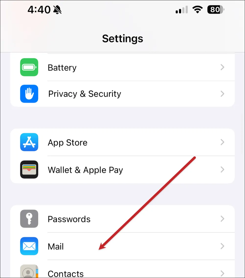 In the iOS settings, click Mail