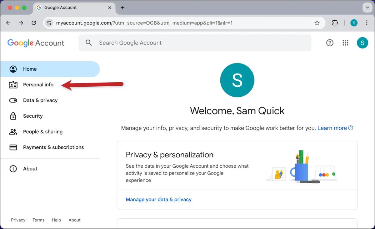 In the My Account section, click on Personal info