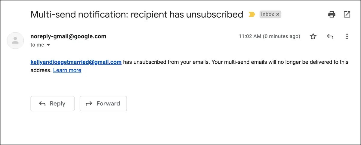 The unsubscribe notification message from Google