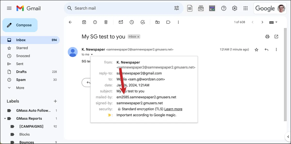 Notice the SendGrid server involved