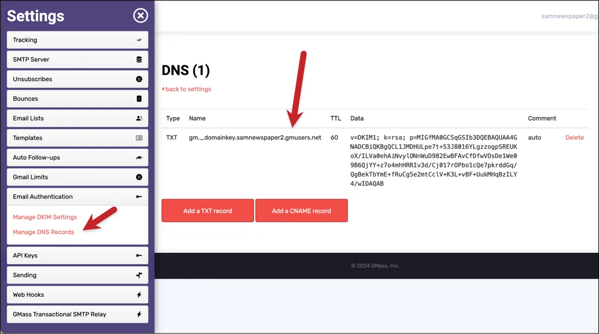 GMass generates a new DNS record