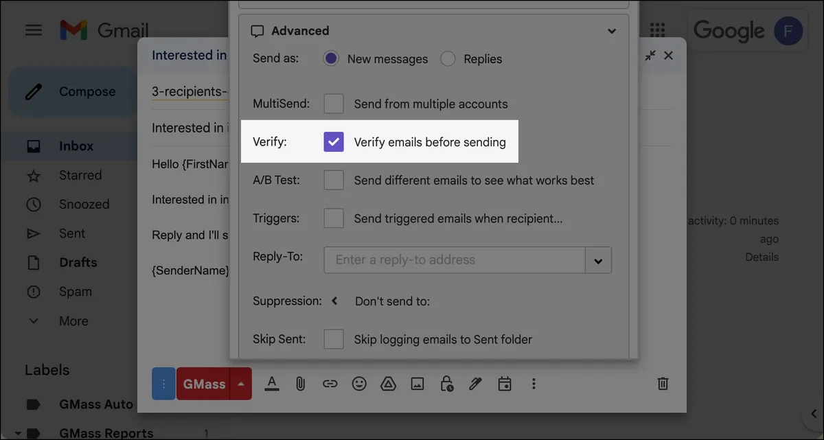 GMass has built-in email verification