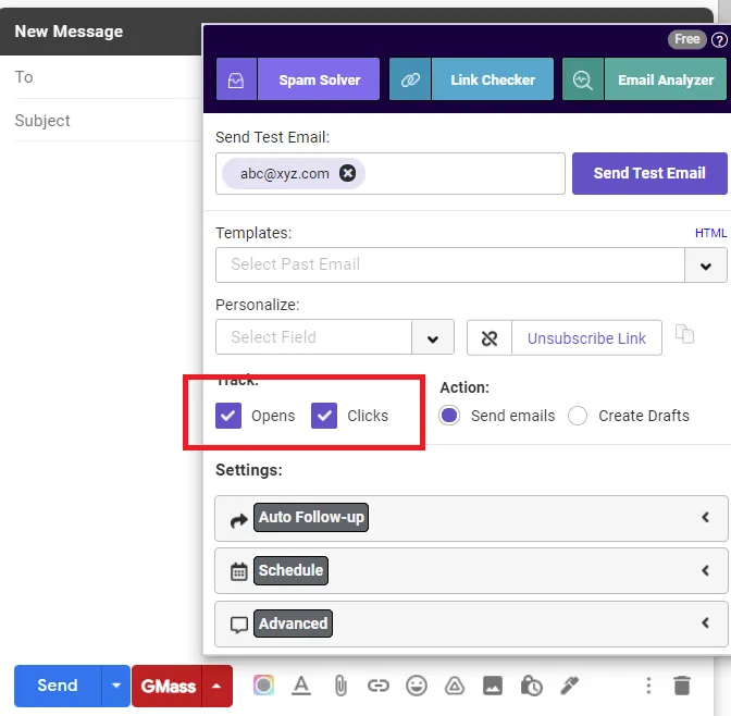 GMass email open and click tracking