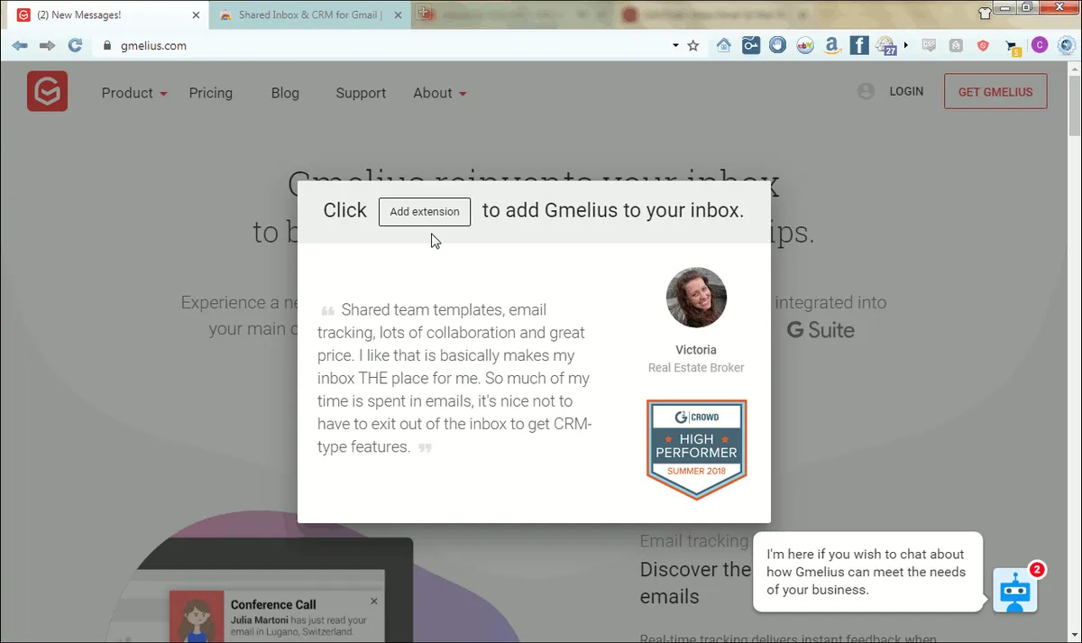 Gmelius website now has an instruction to click "Add extension"--but there is no such button.
