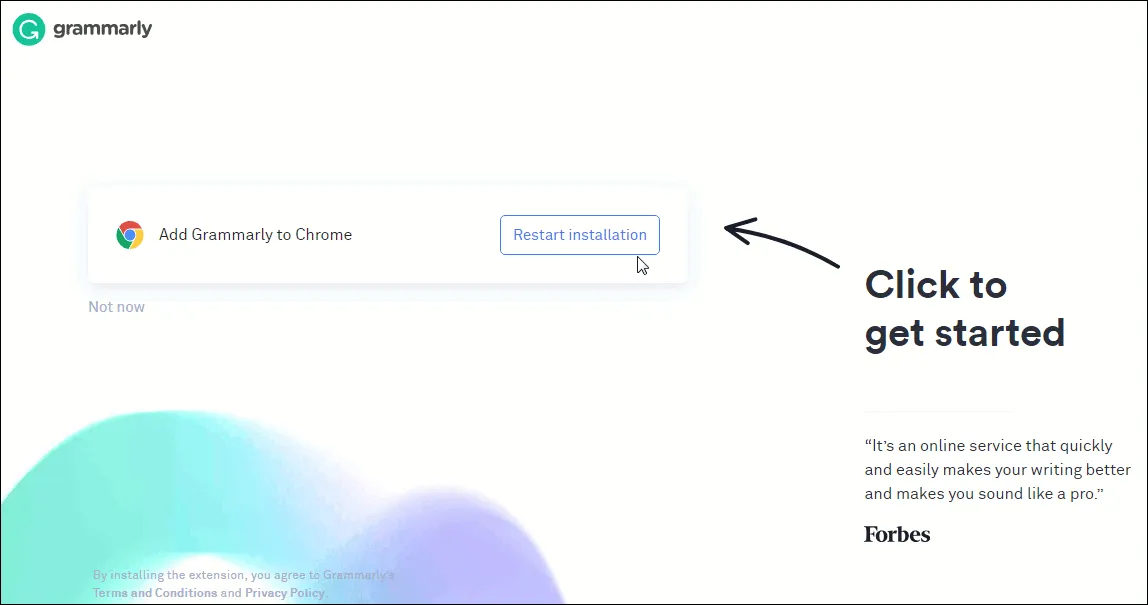 Grammarly page changed to direct user back to Chrome Store to install.