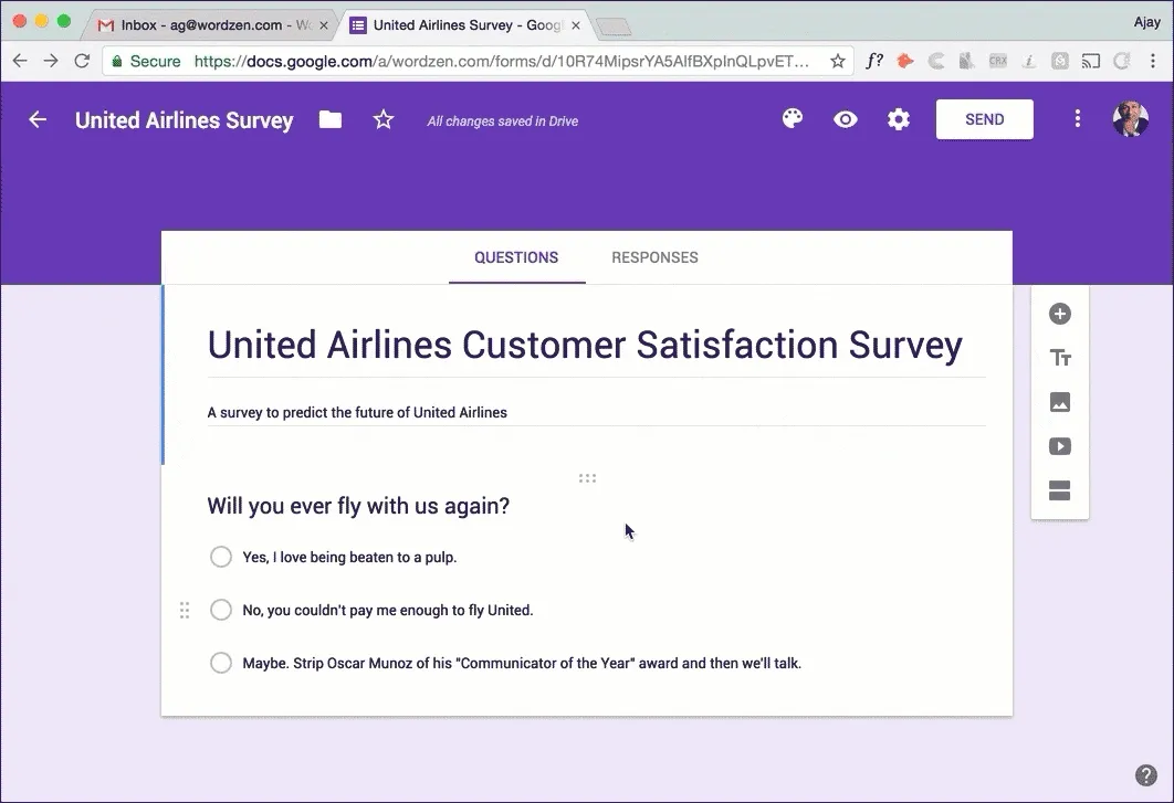 Use Google Forms and SendHustle to send surveys and follow-up emails that maximize responses