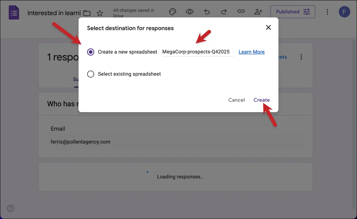 Create the new spreadsheet