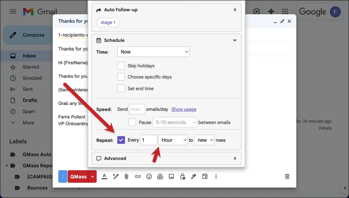Set up the automation to check for new rows hourly