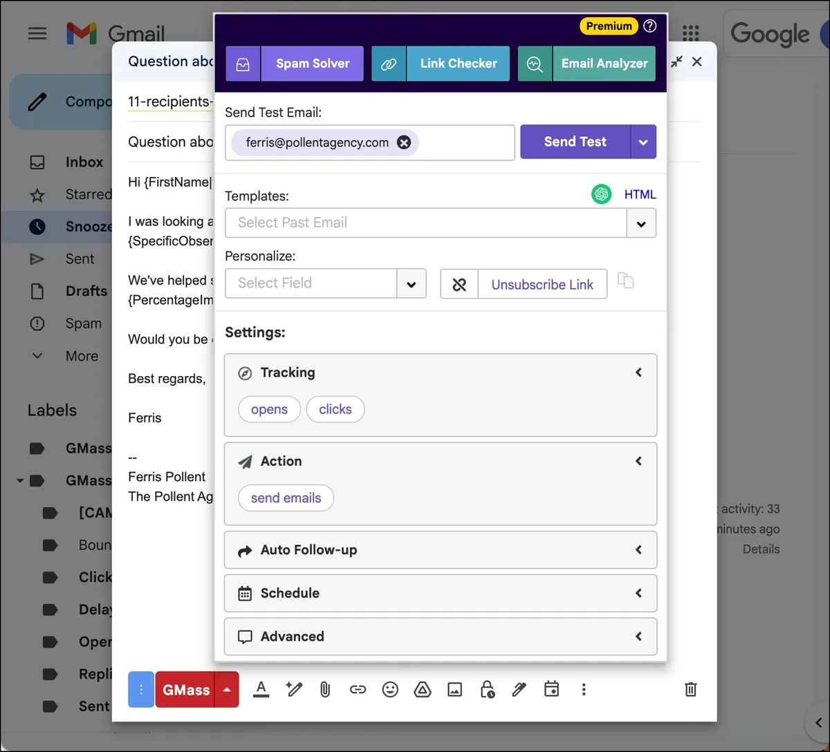 The GMass settings box