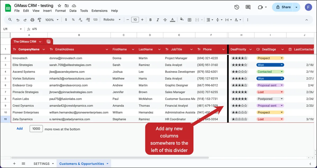 Add new Customer data columns to the left of the divider