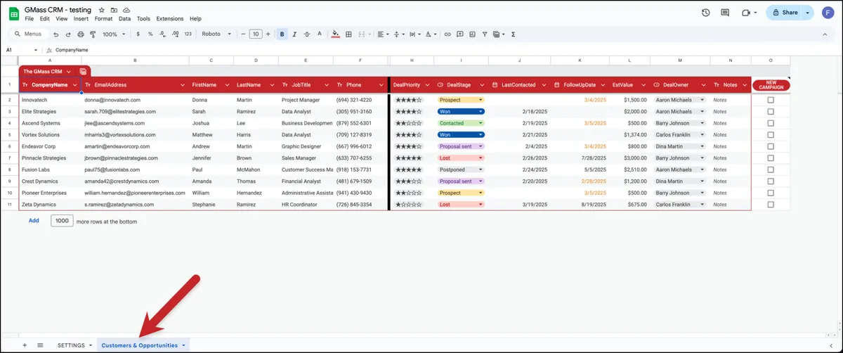 Go to the Customers & Opportunities worksheet