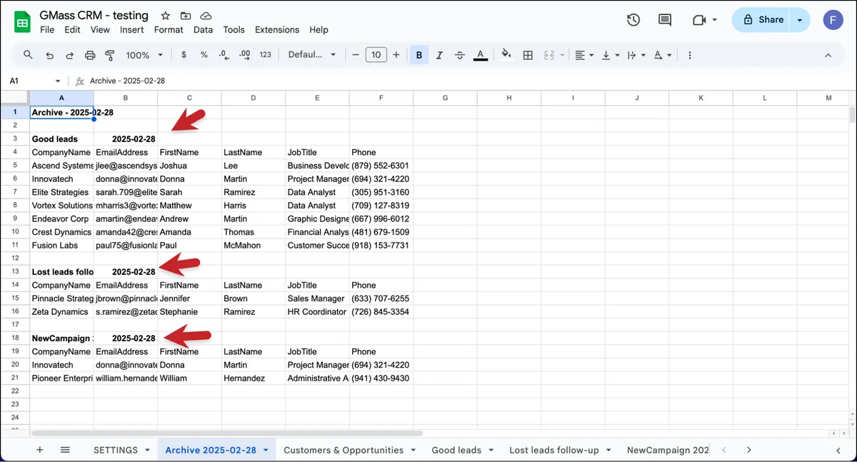 All worksheets are archived in one sheet