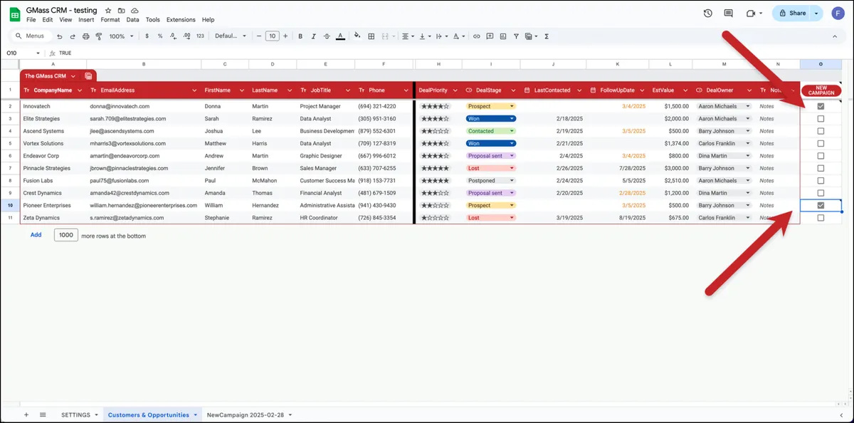 Check the boxes to add customers to your new campaign workshet