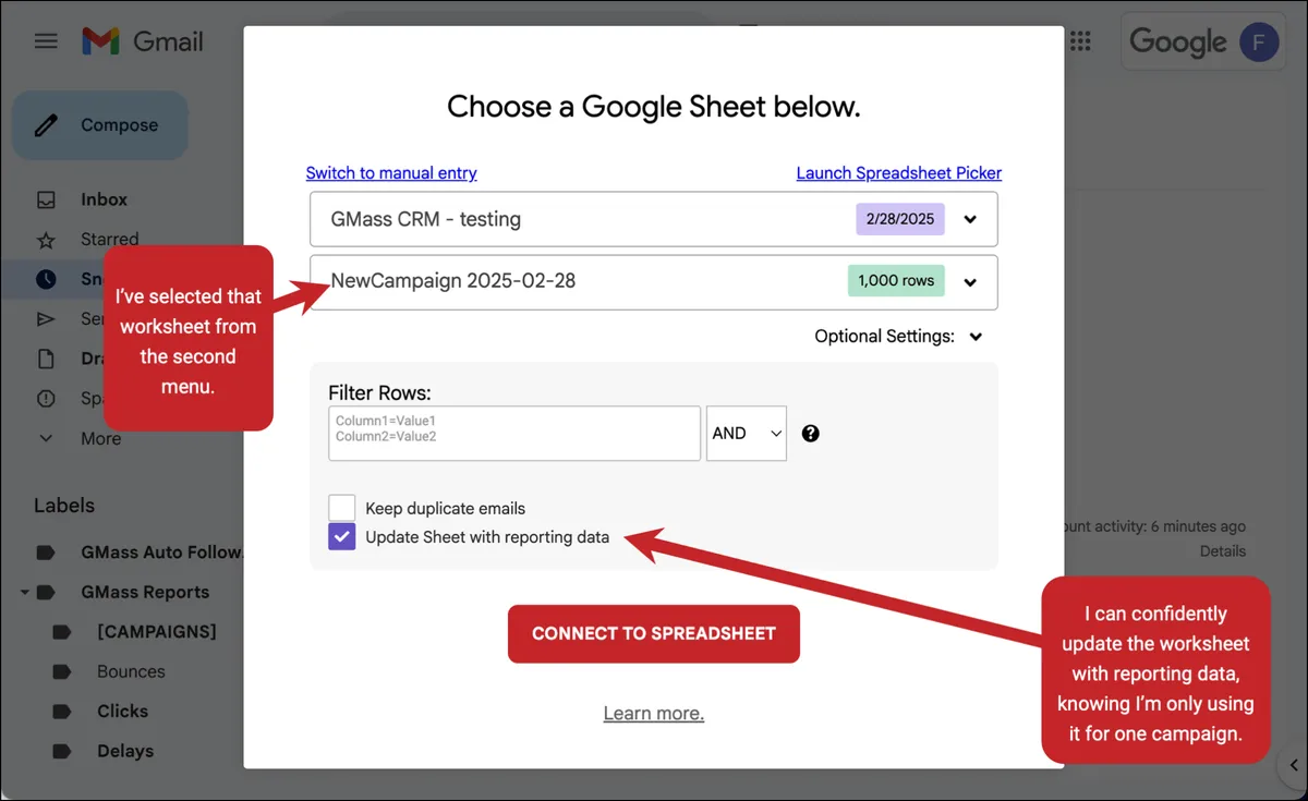 Now connect that worksheet to a GMass campaign
