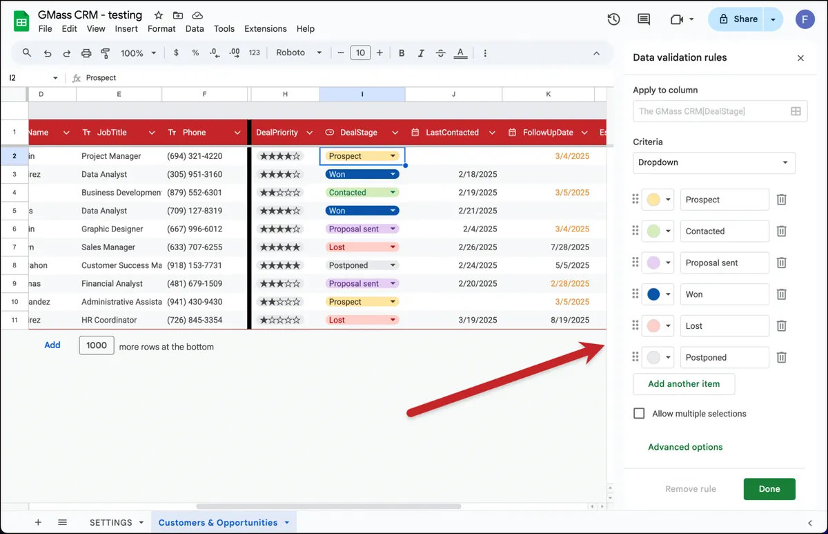 The menu to edit the dropdowns