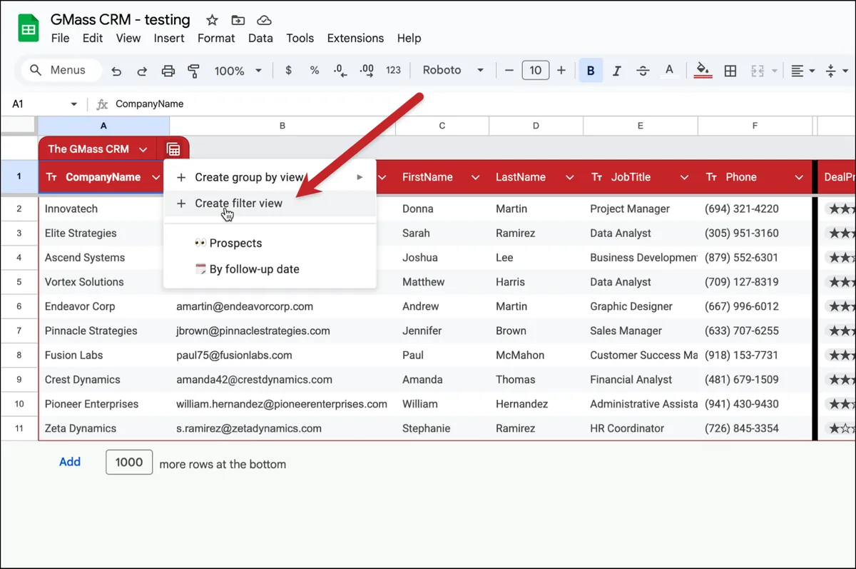 Create a filter view with the menu