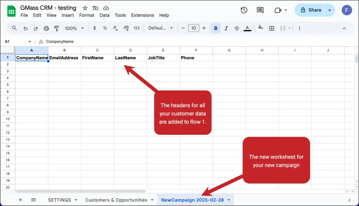 A new worksheet is created for your campaign