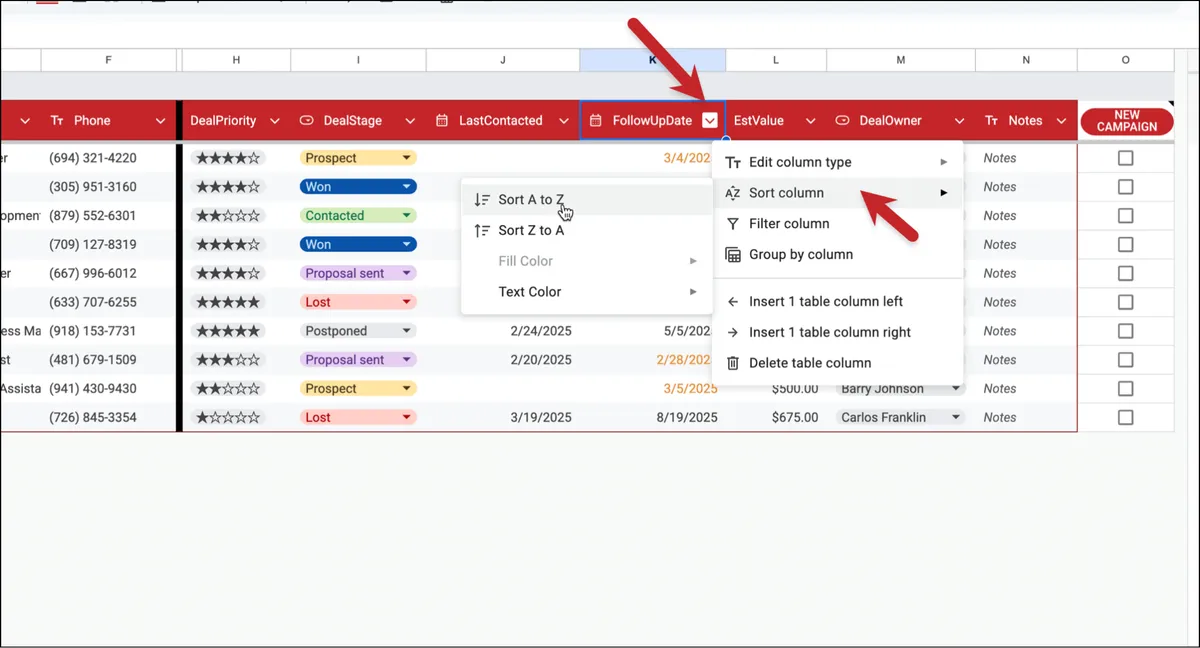 Sorting by a column