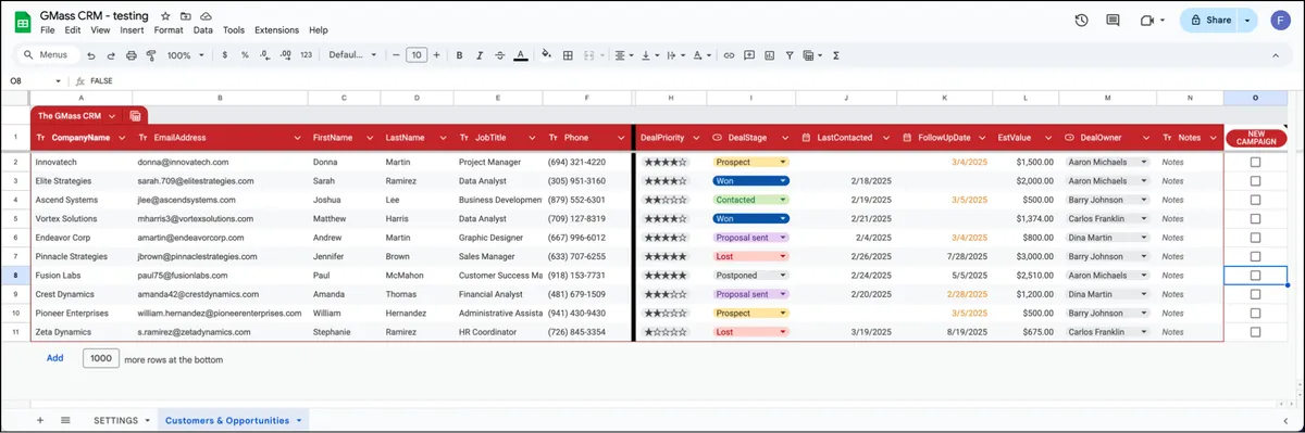 Free Google Sheets CRM template for GMass