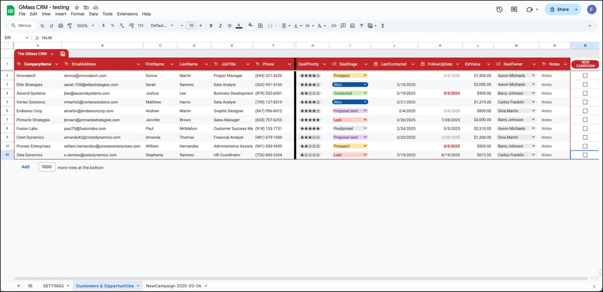 GMass's free Google Sheets CRM template