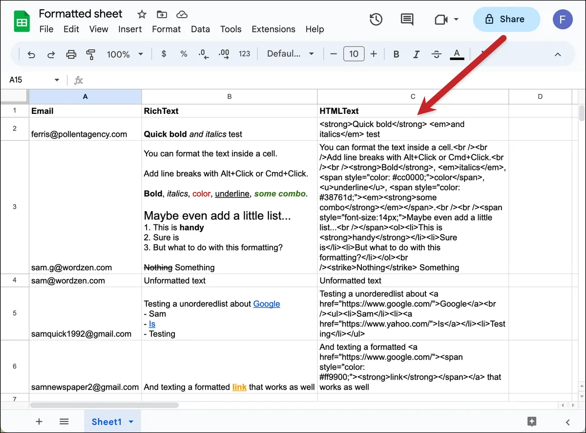 There's now an HTML version of the Google Sheets formatting
