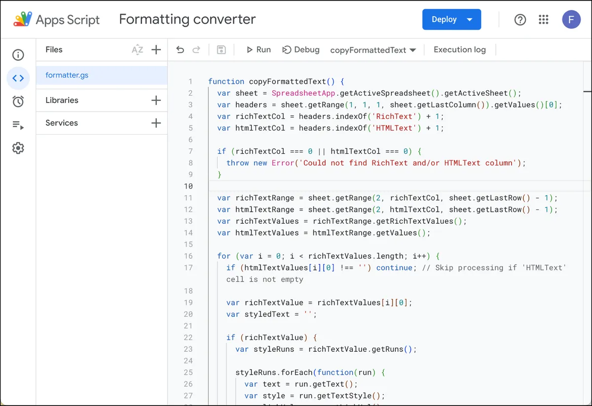 The script inserted into the Apps Script window