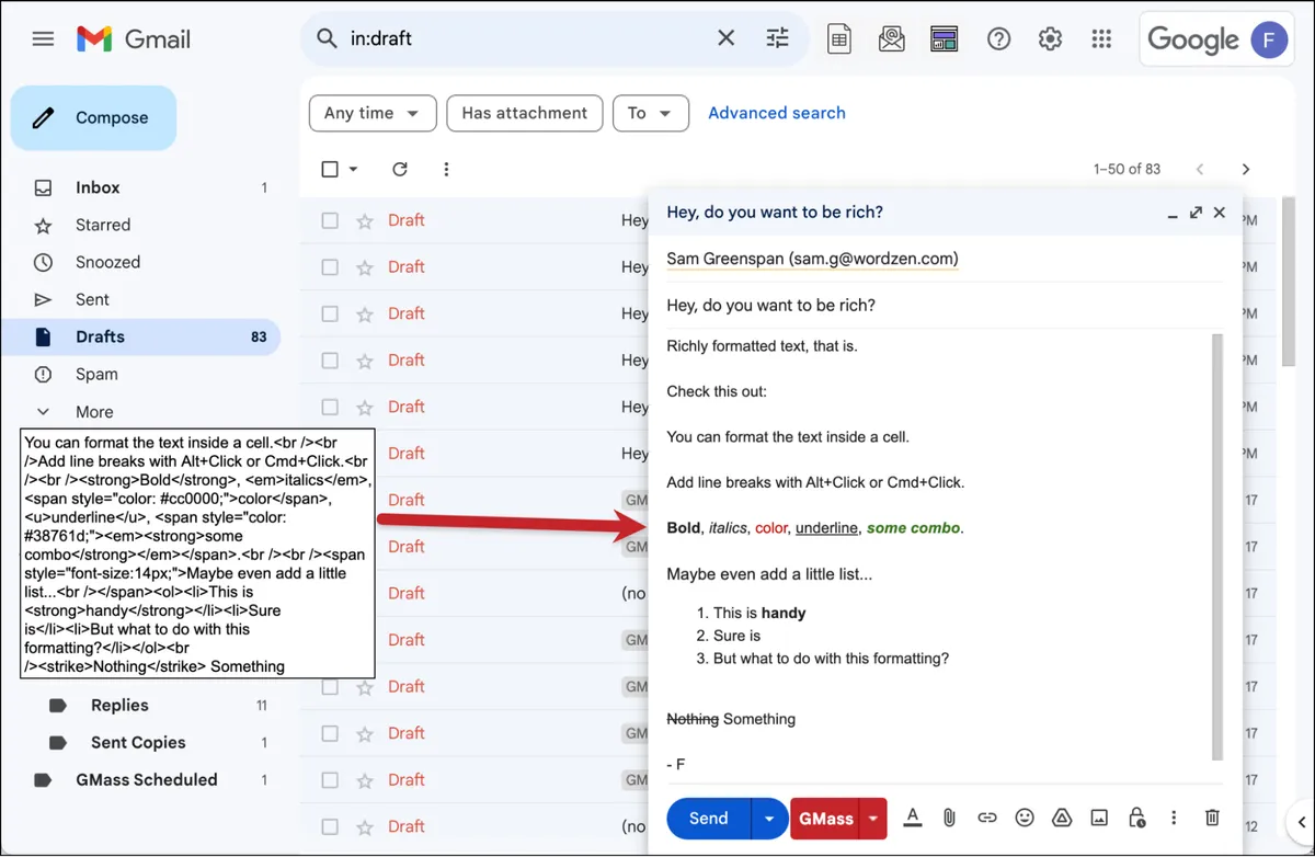 How the email looks after mail merging the HTML version