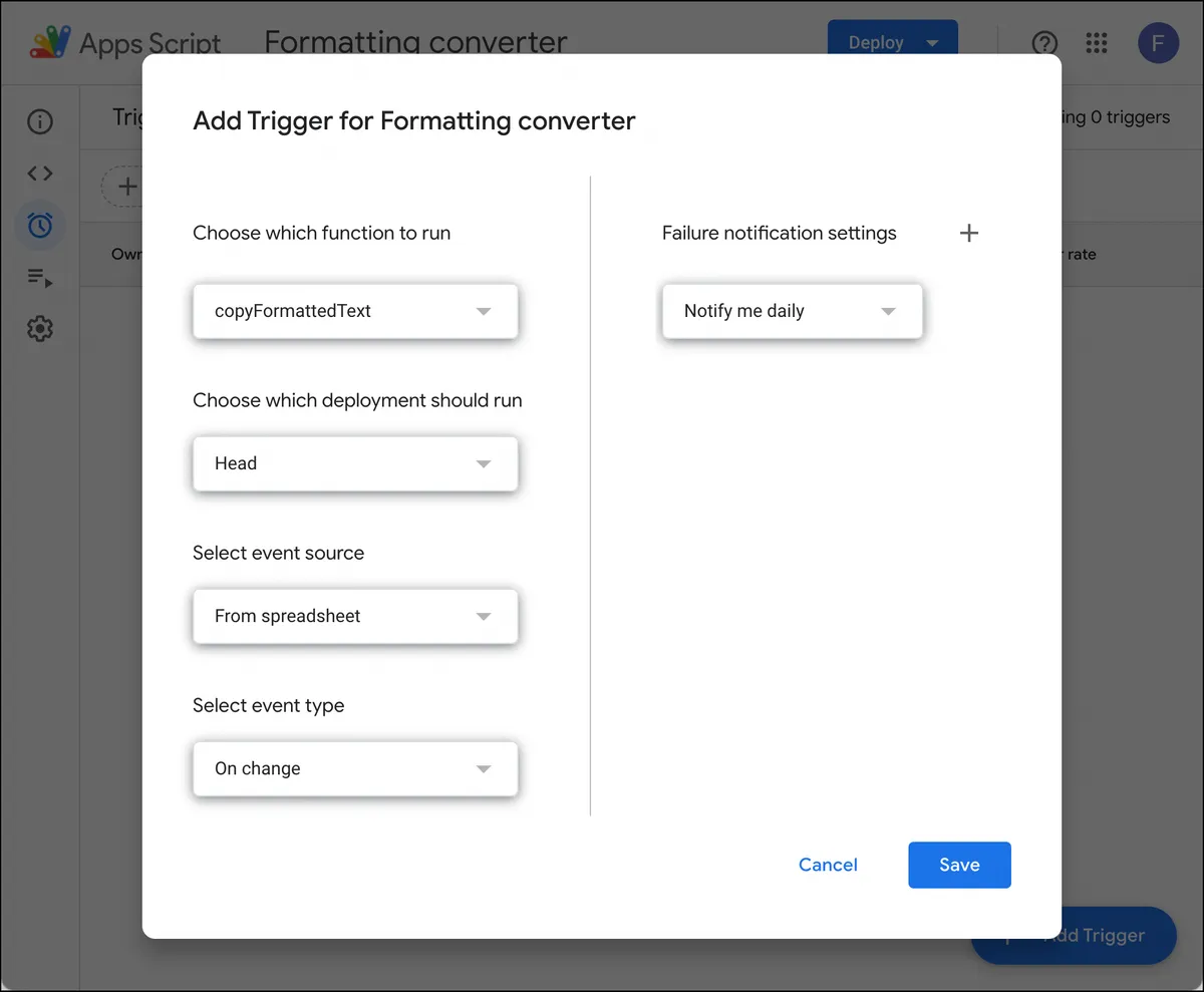 Settings for your trigger