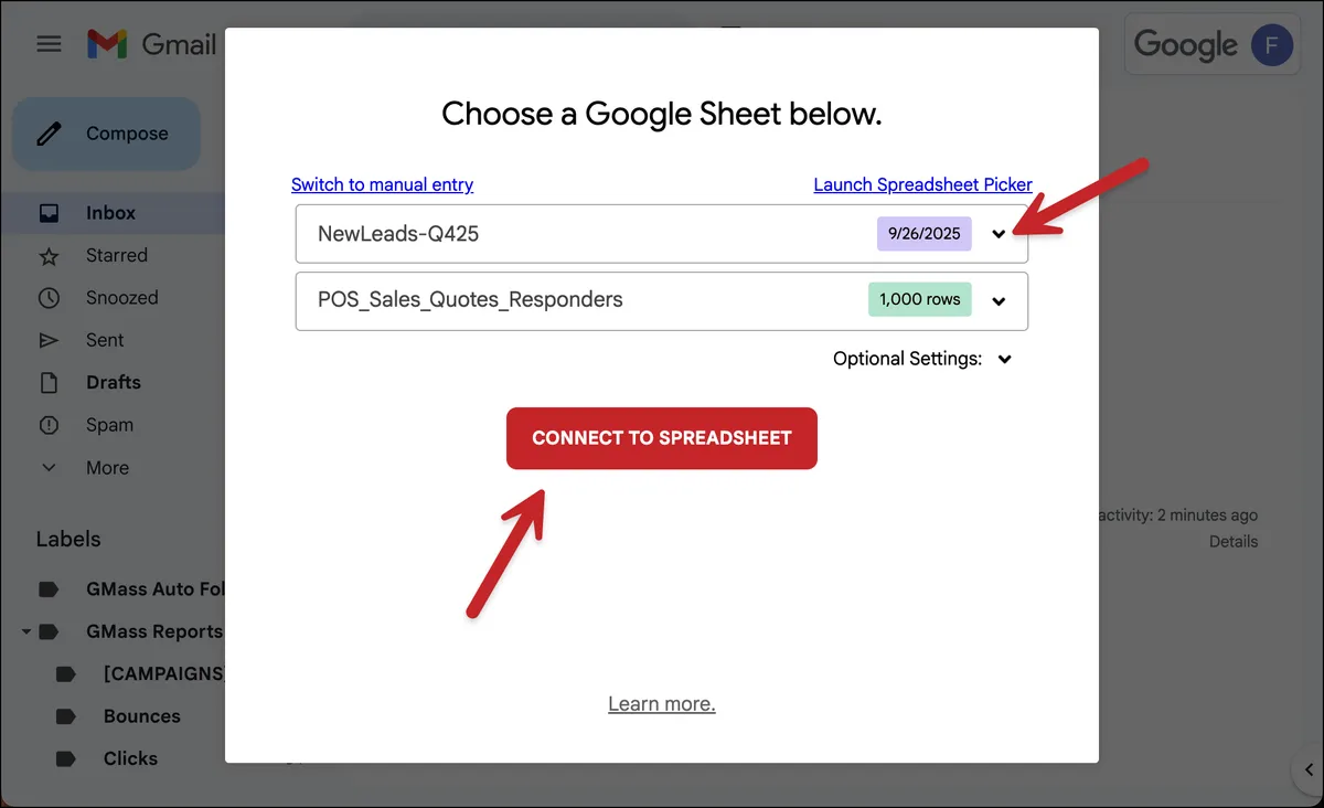 Select your Google Sheet from the dropdown