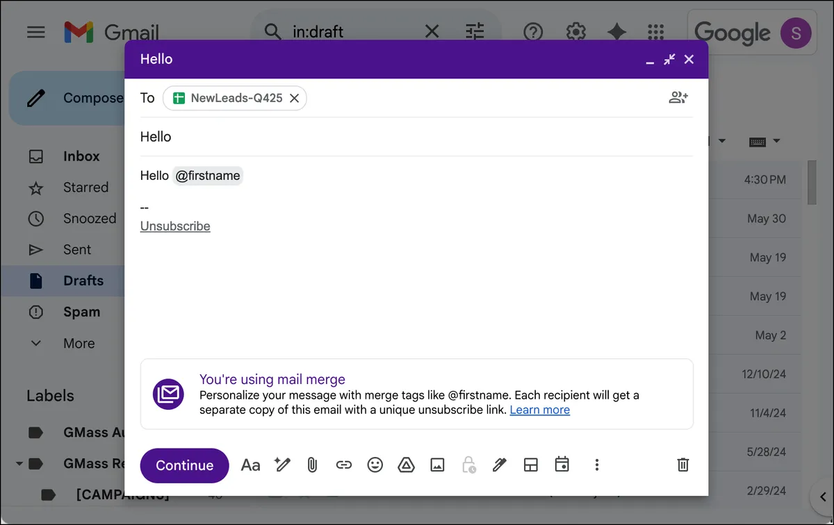 Google's built-in mail merge