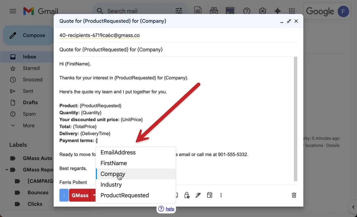 A left curly brace brings up your mail merge options