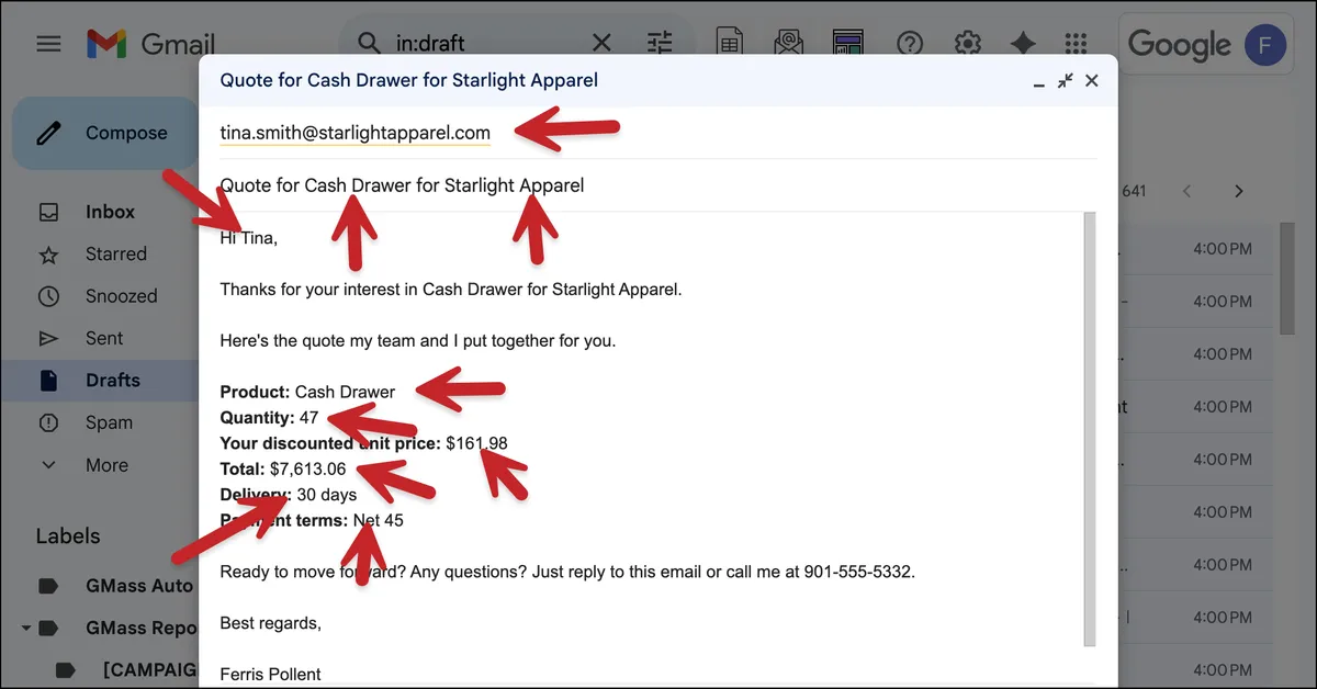See your result with the mail merge inserted