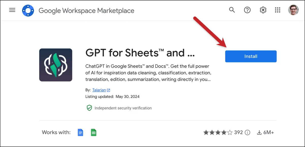Install GPT for Sheets from the Google Workspace Marketplace