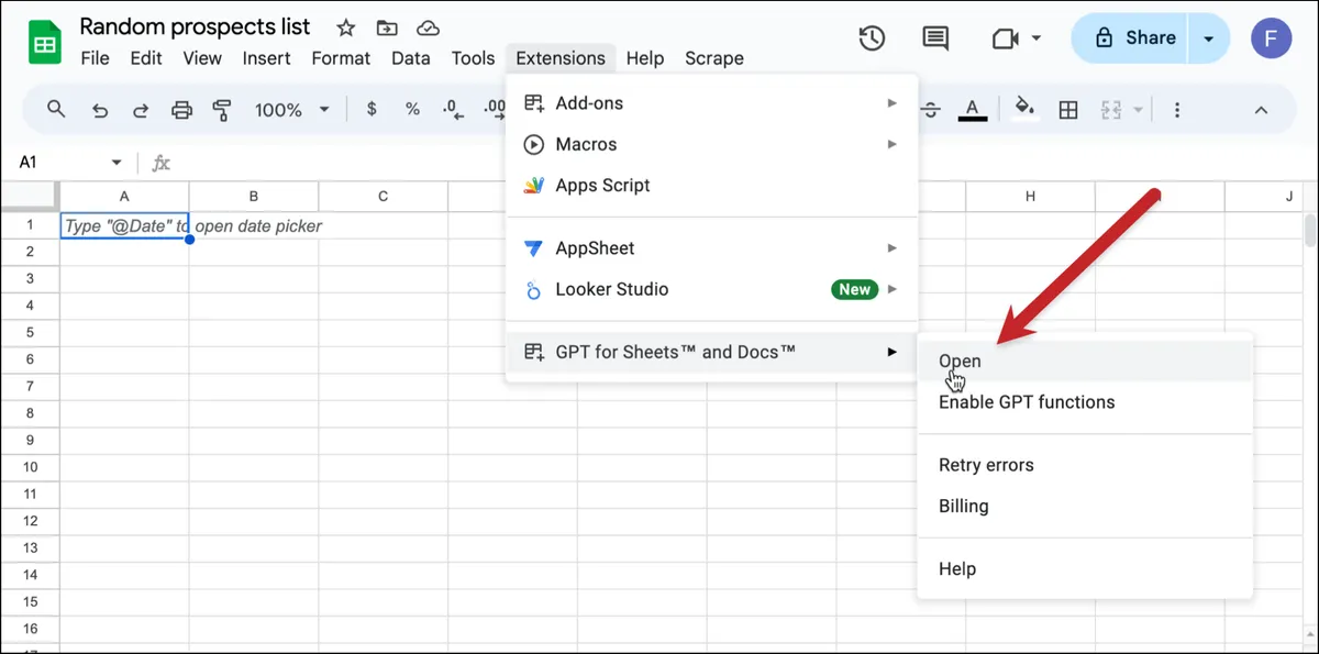 Open GPT for Sheets to add your key