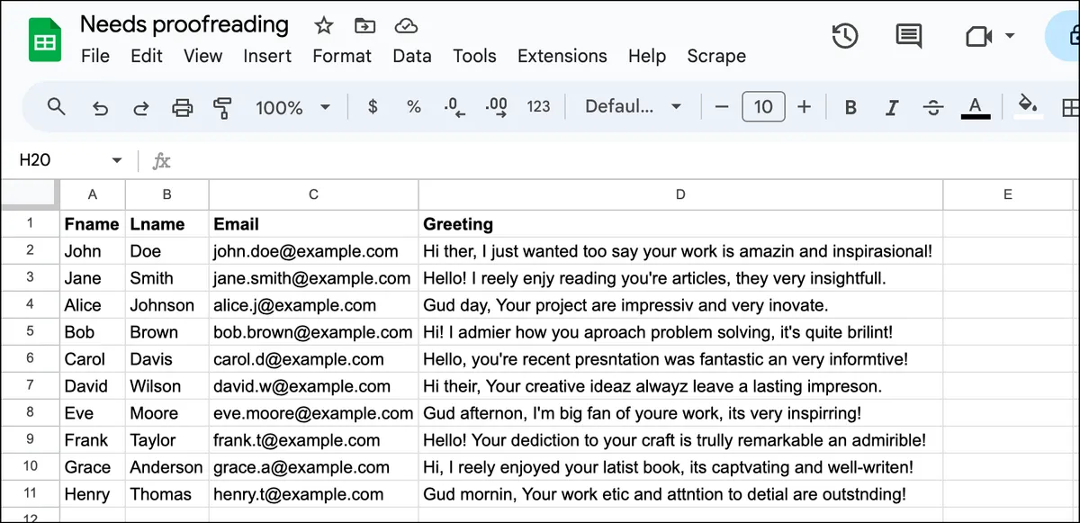 My example sheet with lots of typos