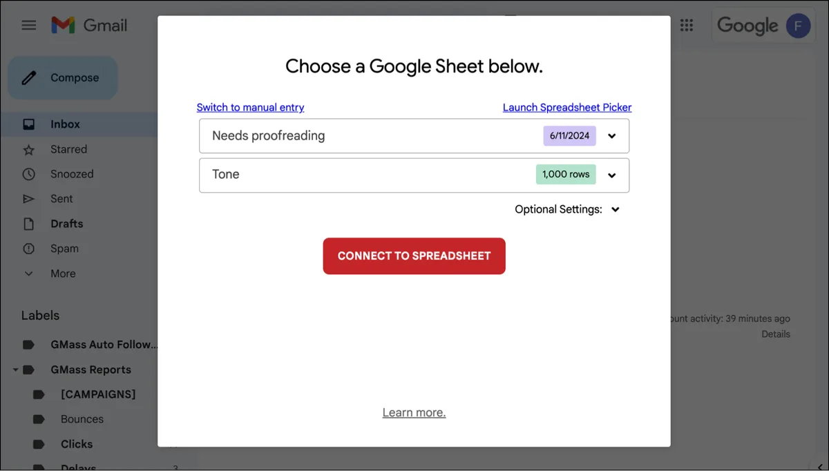 Connecting to a Google Sheet in GMass