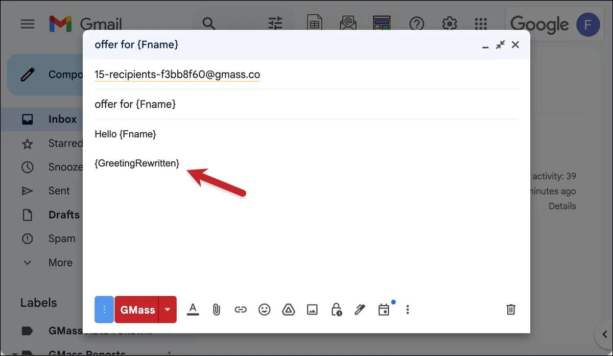 Mail merging in the greeting in GMass