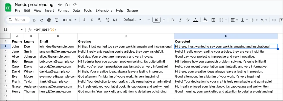 Corrected typos, spelling, and grammar with GPT for Sheets