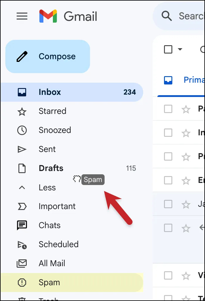 Dragging the Spam folder to the top