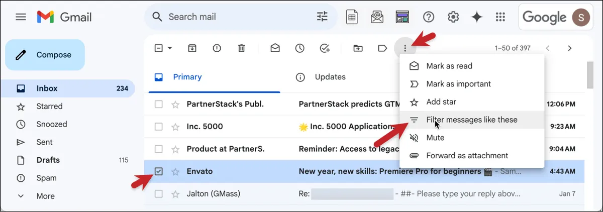 Filter messages like these setting