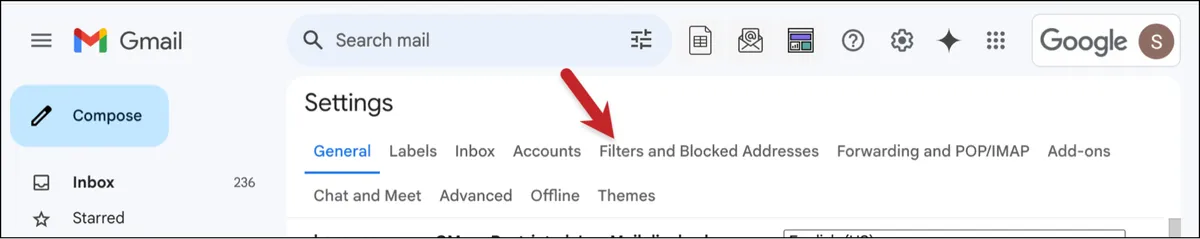 The filters menu in the Gmail settings