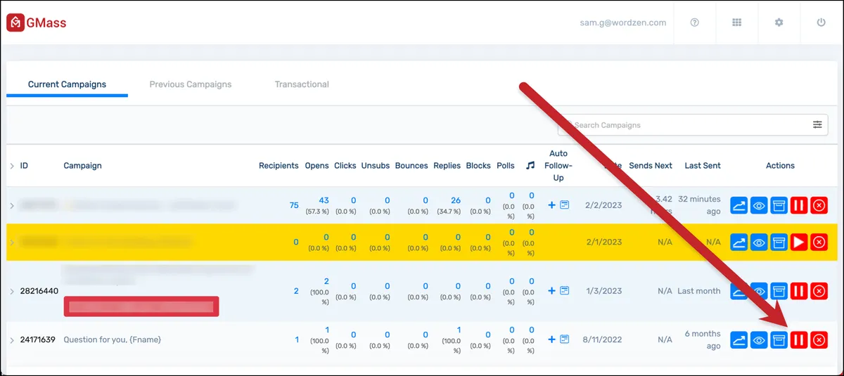 Pausing an auto follow-up campaign from the dashboard