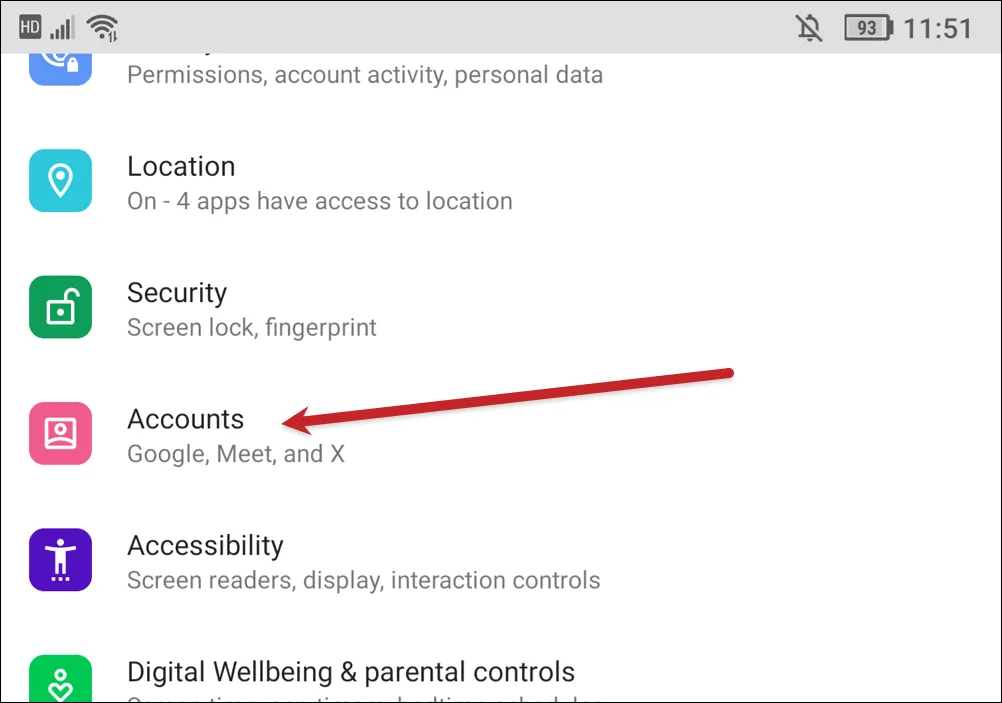 Tap on Account in the Android settings