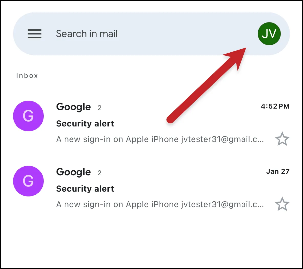Tap on your profile picture in the iOS Gmail app
