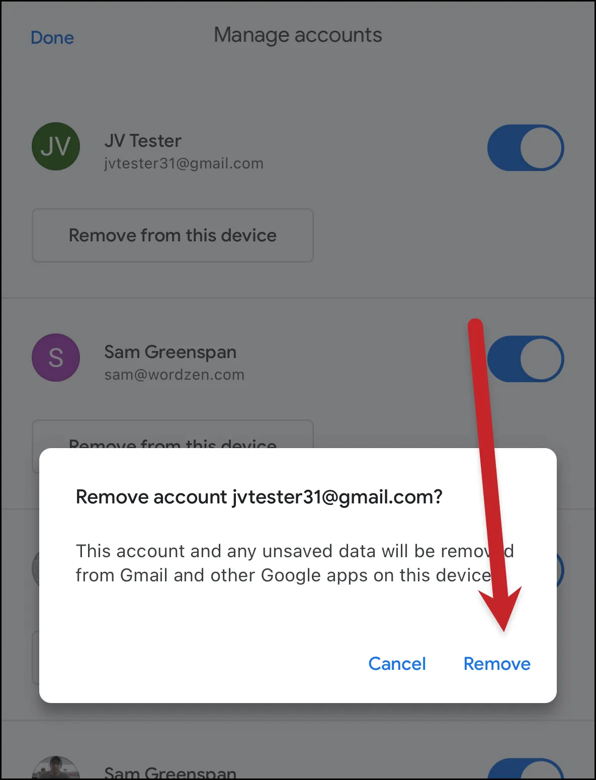Confirm you want to remove the account