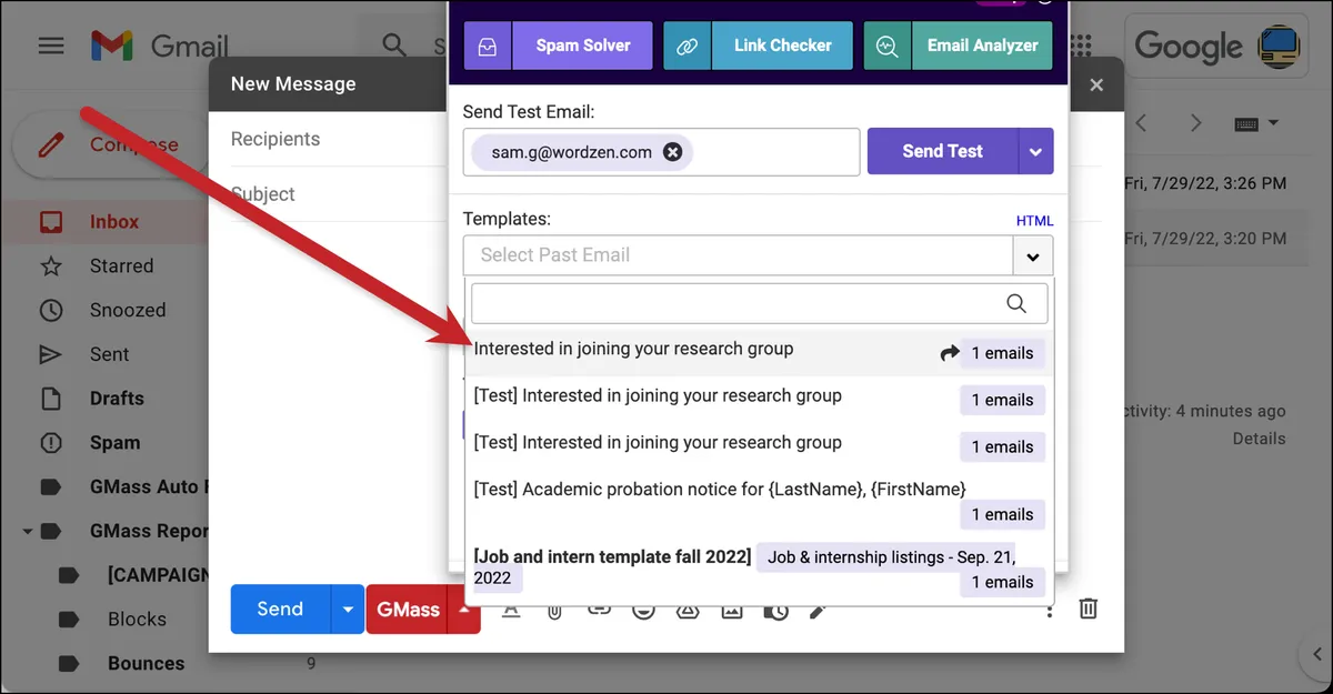 Select your prior email