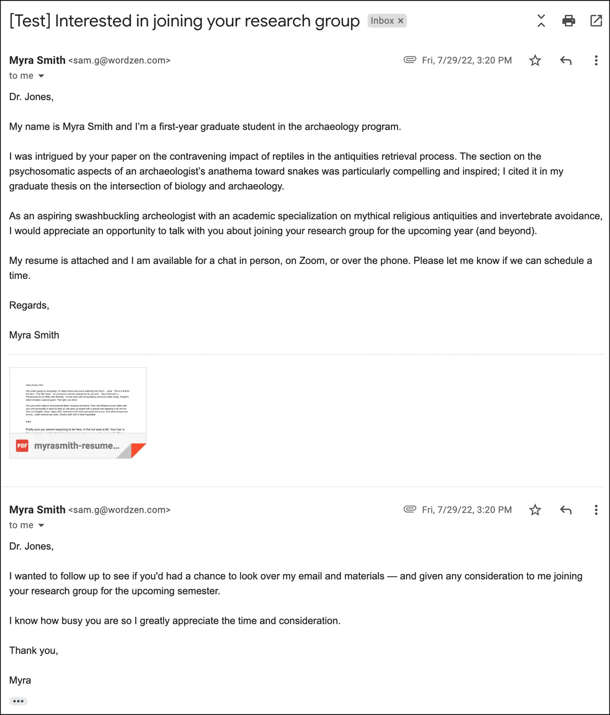 The test emails to a professor