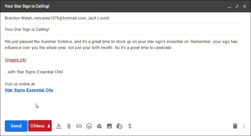 The outgoing email with the ImageLink used.