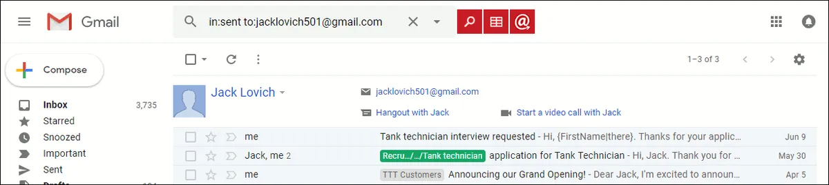A search for emails sent to a particular recipient.