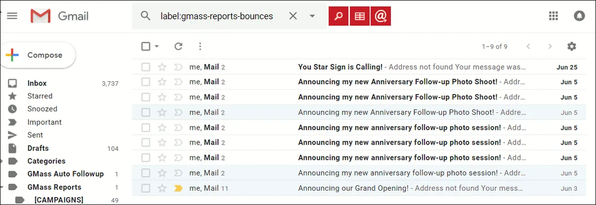 Showing a search to display all bounced emails.